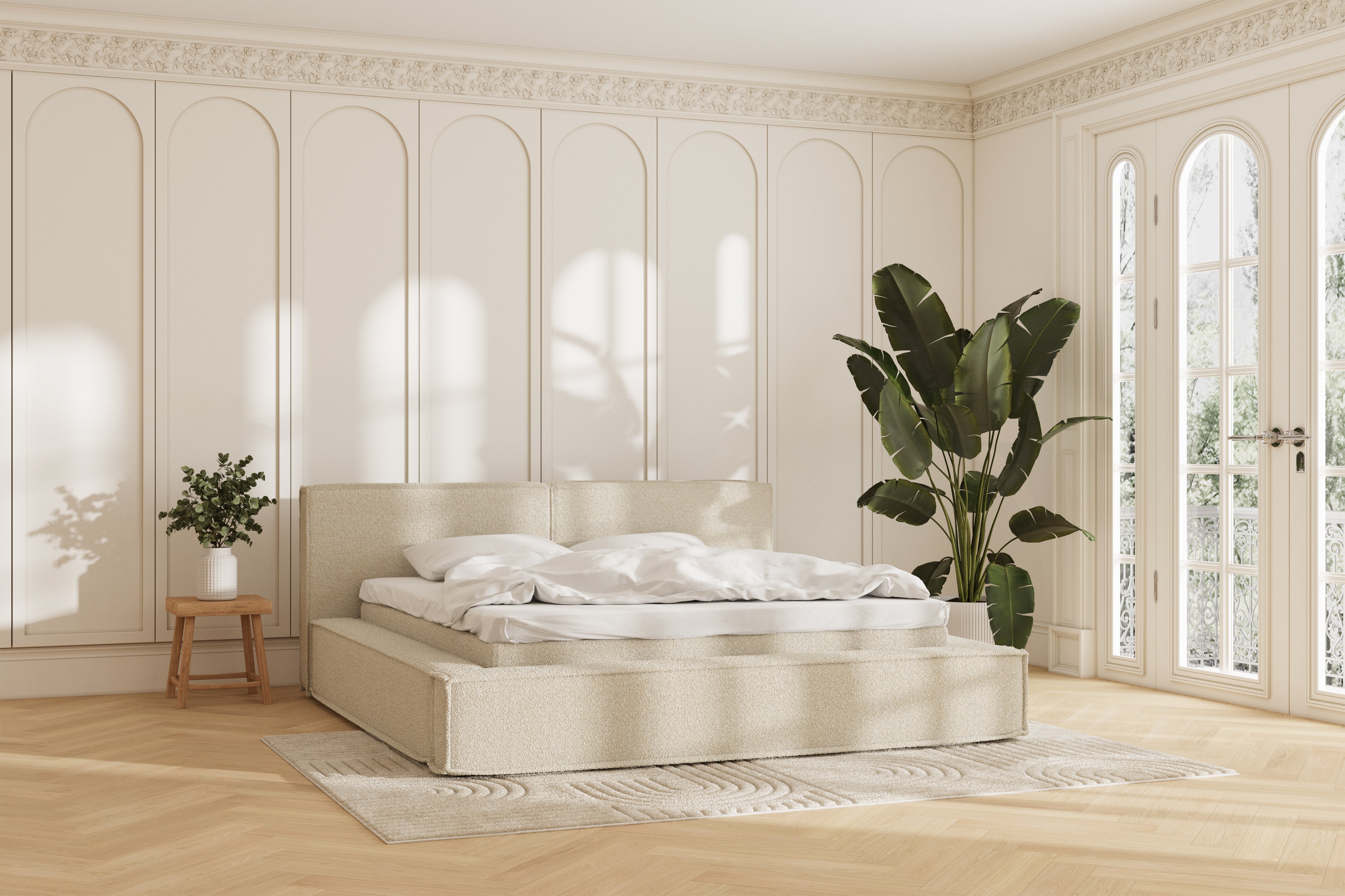 Oria sengeramme - bouclé beige - 180x200