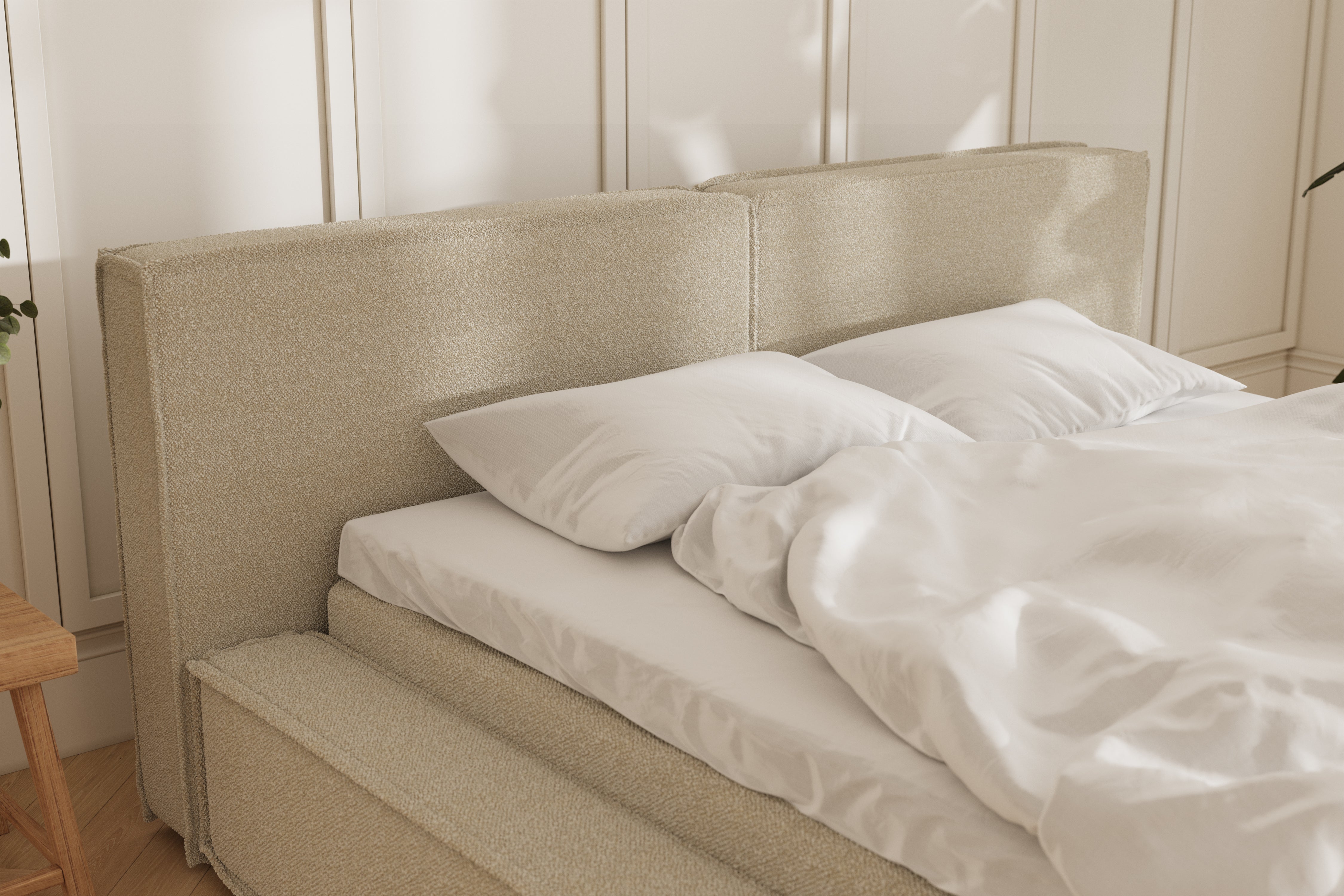 Oria sengeramme - bouclé beige - 180x200