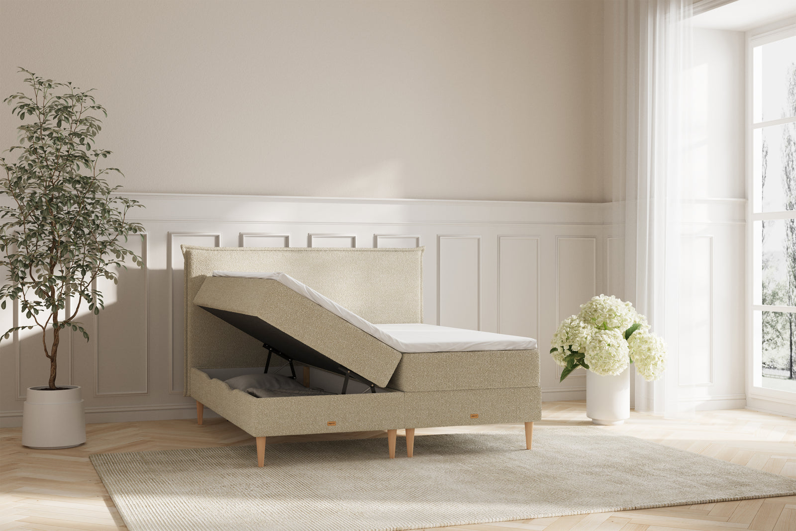 Karla Boxseng Med Opbevaring - 160x200 - Bouclé Creme
