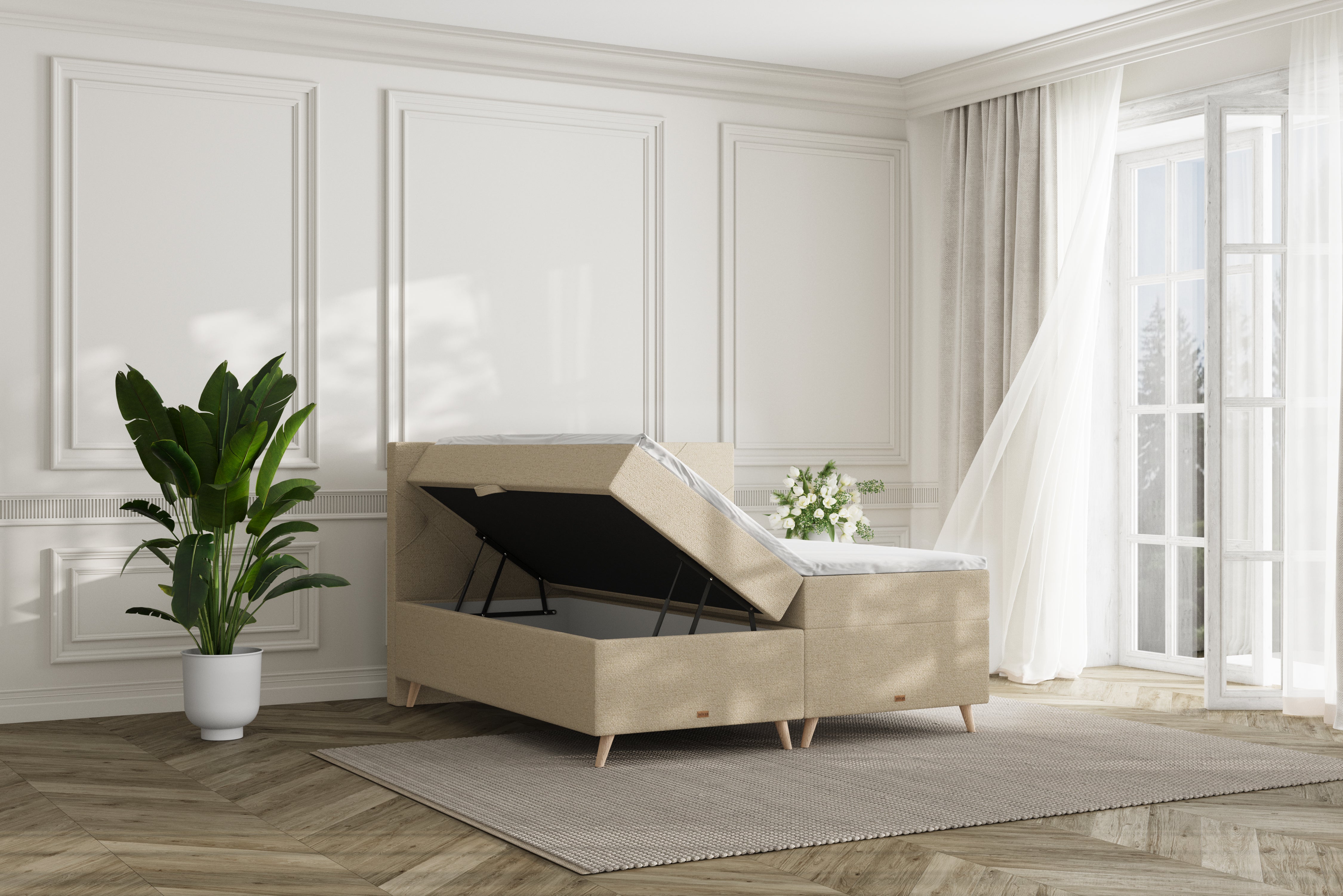 SÖVNN Thea Boxseng Med Opbevaring - 210x210 - Lys beige